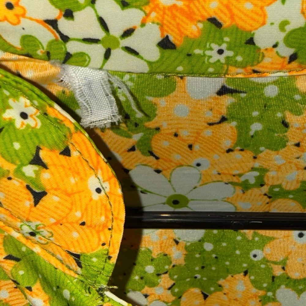 Vintage 70s Floral Button Up Shirt Green Orange Daisy Print Zipper Pockets L - Picture 3 of 4